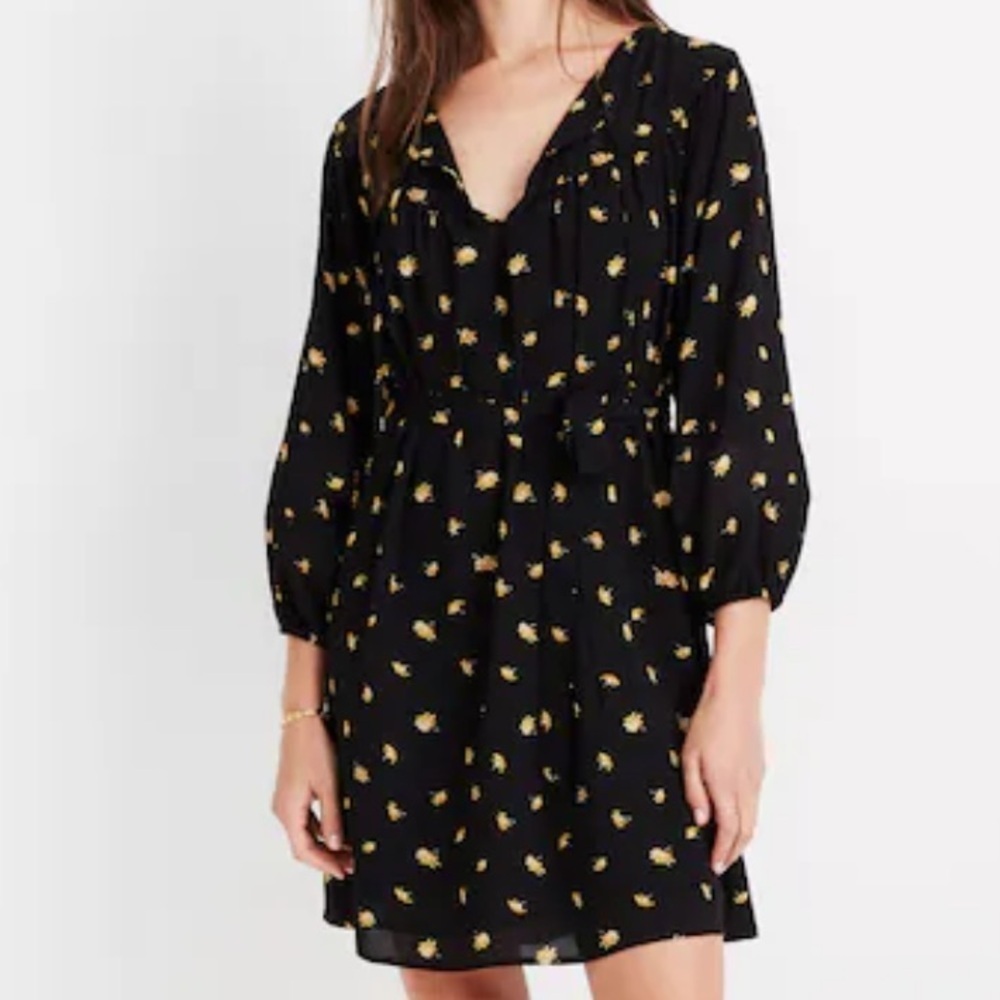 EUC Madewell Tie-Waist Dress French Daisies Black Floral Size Small Retail $128